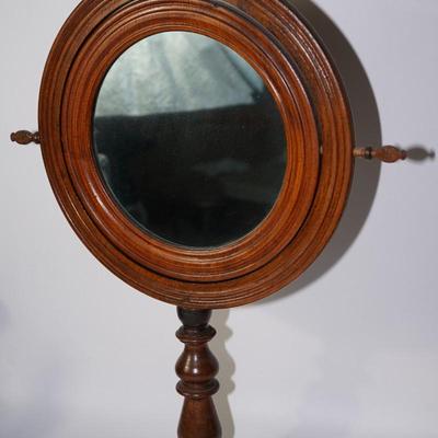VICTORIAN FREE-STANDING WOOD SHAVING MIRROR ON WOOD PLATFORM SWIVEL