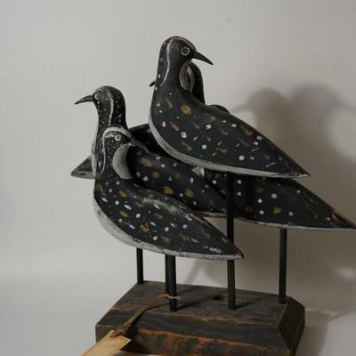 FOUR HAND CRAFTED WOODEN BIRDS PIDGEONS ON STANDS GROUPING HAND PAINTED