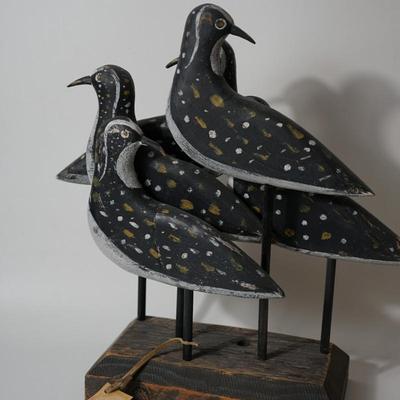 FOUR HAND CRAFTED WOODEN BIRDS PIDGEONS ON STANDS GROUPING HAND PAINTED