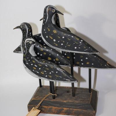 FOUR HAND CRAFTED WOODEN BIRDS PIDGEONS ON STANDS GROUPING HAND PAINTED
