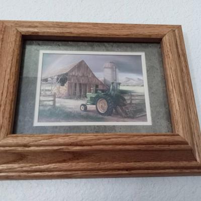 LOT 20 SMALLER TOY METAL TRACTORS, WALL SHELF AND A PICTURE OF A JOHN DEERE TRACTOR  (Front room)