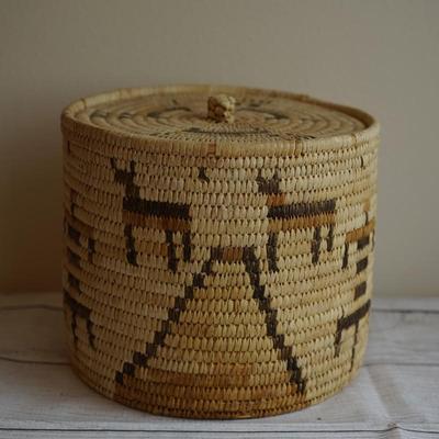 NATIVE AMERICAN PAPAGO GRASS WOVEN COVERED ROUND BASKET W/ ANIMAL FIGURES