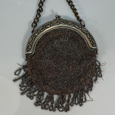 Vintage Antique Leather & Silver Glass Seed Bead Beaded Flapper Coin Purse with Belt Hook