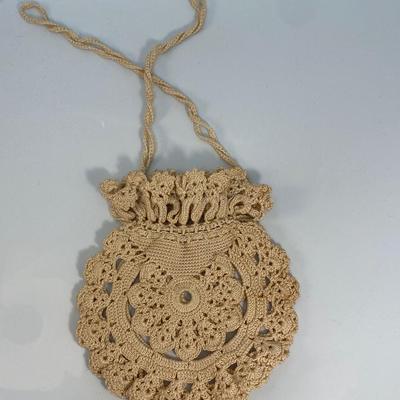 Vintage Crochet Knitted Doily Style Drawstring Coin Purse Satchel Bag