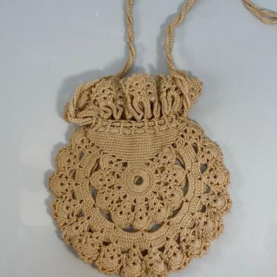 Vintage Crochet Knitted Doily Style Drawstring Coin Purse Satchel Bag