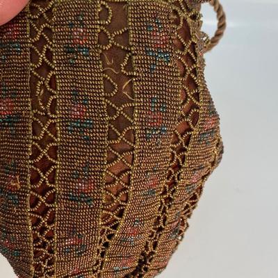 Antique Micro Beaded Drawstring Flapper Purse Floral Pattern