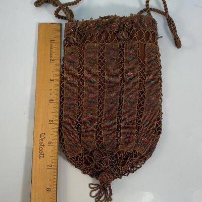 Antique Micro Beaded Drawstring Flapper Purse Floral Pattern