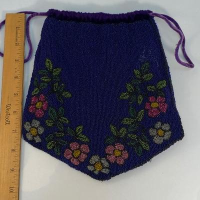 Antique Royal Purplish Blue Micro Bead Drawstring Purse Floral Design Velvet Lining