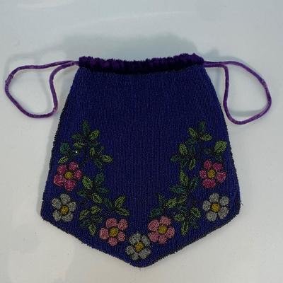Antique Royal Purplish Blue Micro Bead Drawstring Purse Floral Design Velvet Lining