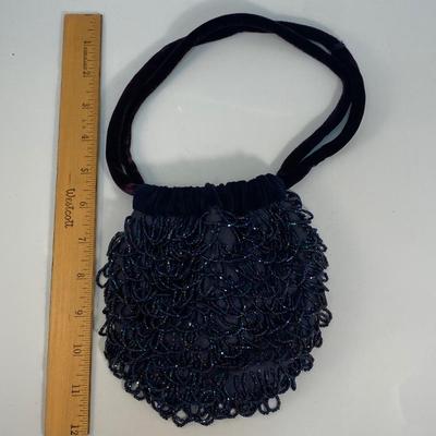 Vintage Royal Blue Beaded Fringe Velvet Trim Flapper Purse Handbag