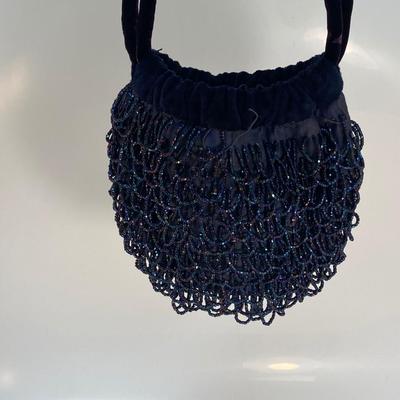 Vintage Royal Blue Beaded Fringe Velvet Trim Flapper Purse Handbag