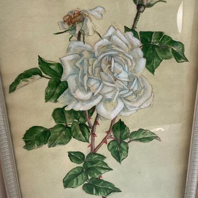 Pair of Retro Framed White Rose Original Art