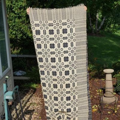 ANTIQUE HAND WOVEN COVERLETTE BLACK AND WHITE WEAVE PATTERN