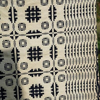 ANTIQUE HAND WOVEN COVERLETTE BLACK AND WHITE WEAVE PATTERN