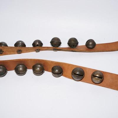ANTIQUE BRASS ENGRAVED SLEIGH BELLS RESTRUNG ON A LEATHER STRAP 13 RESTORED OR CLEANED BELLS