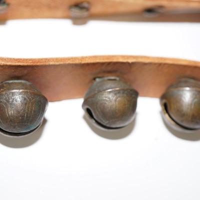 ANTIQUE BRASS ENGRAVED SLEIGH BELLS RESTRUNG ON A LEATHER STRAP 13 RESTORED OR CLEANED BELLS