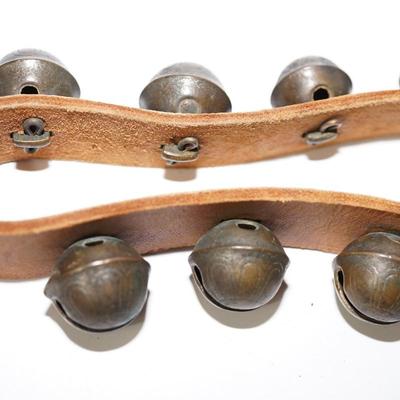 ANTIQUE BRASS ENGRAVED SLEIGH BELLS RESTRUNG ON A LEATHER STRAP 13 RESTORED OR CLEANED BELLS