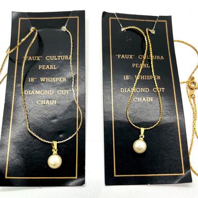 Two Faux Pearl 18” diamond cut chain necklaces