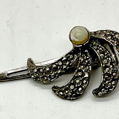 Silver jeweled and faux pearl costume pin