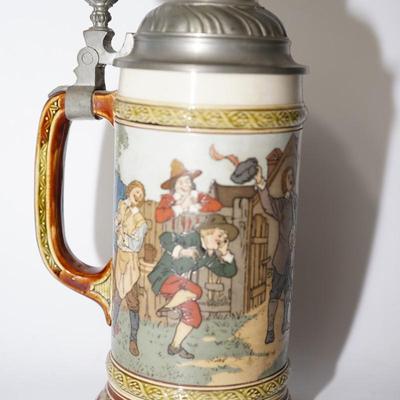 ANTIQUE ENGRAVED METTLACH BEER STEIN 2582 "SPEECH OF A FOOL" 1/2 LITER WITH PEWTER LID