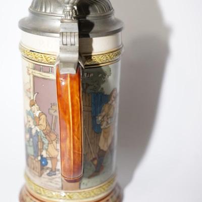 ANTIQUE ENGRAVED METTLACH BEER STEIN 2582 "SPEECH OF A FOOL" 1/2 LITER WITH PEWTER LID