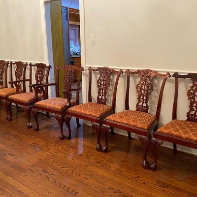 Set of 8 antique European hand carved mahogany dining chairs.