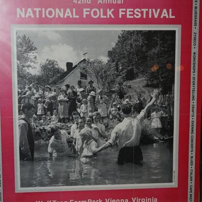 INTERESTING -JULY 1980'S FOLK ART FRAMED POSTER WOLF TRAP FARM VIRGINIA- WATER BAPTISM