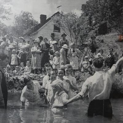 INTERESTING -JULY 1980'S FOLK ART FRAMED POSTER WOLF TRAP FARM VIRGINIA- WATER BAPTISM