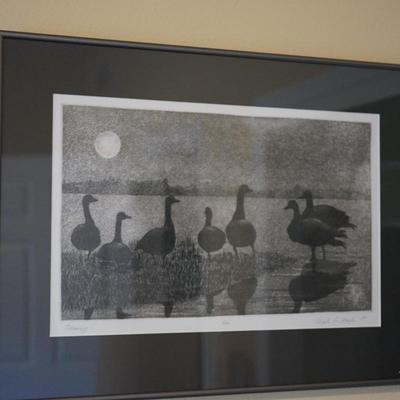 SIGNED RALPH WOLFE ETCHING OF GEESE BY SHORELINE MATTED AND FRAMED