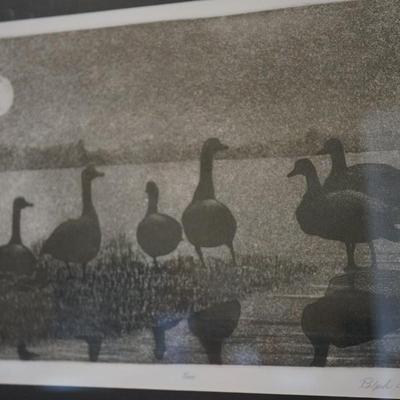 SIGNED RALPH WOLFE ETCHING OF GEESE BY SHORELINE MATTED AND FRAMED