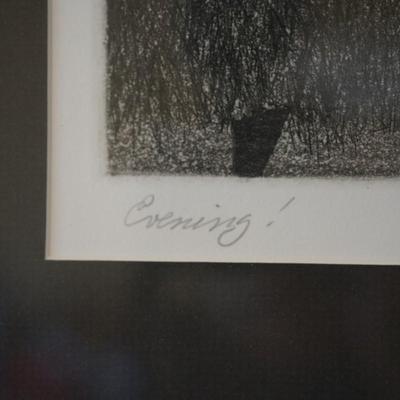 SIGNED RALPH WOLFE ETCHING OF GEESE BY SHORELINE MATTED AND FRAMED