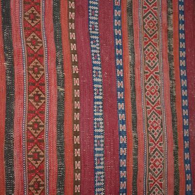TURKISH FLAT WEAVE RUG IN REDS/BLUES/ BROWNS