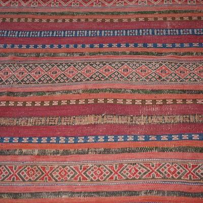 TURKISH FLAT WEAVE RUG IN REDS/BLUES/ BROWNS
