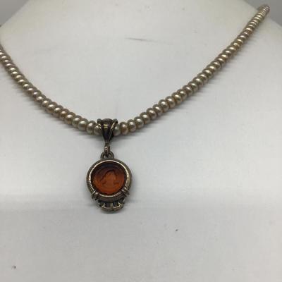 Pearl Beaded necklace with Amber Cameo Pendant Marked