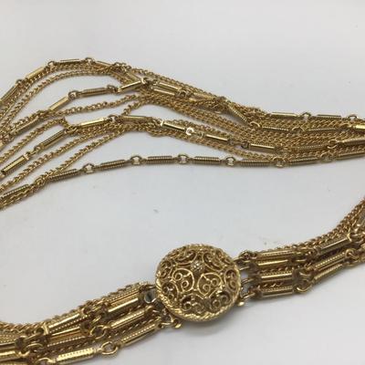 Vintage Multi Layer Gold Tone Necklace. Pretty Button Clasp