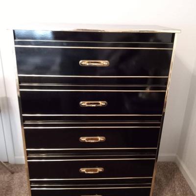 LOT 58  BLACK CHEST OF DRAWERS WITH GOLD HANDLES AND ACCENTS (1st bdr)