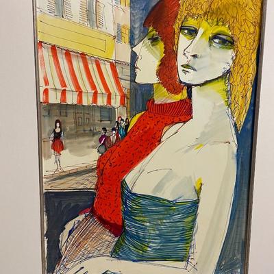 INV #22: Charles Levier original artwork, 1960s French Street Women, modernist mixed media H 23" x W 16" (with certificate)