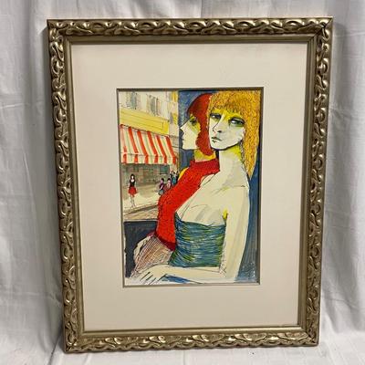 INV #22: Charles Levier original artwork, 1960s French Street Women, modernist mixed media H 23" x W 16" (with certificate)