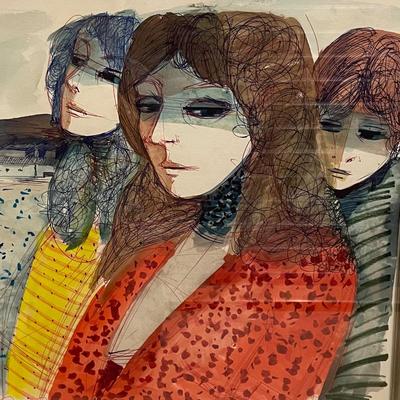 INV #23: Charles Levier original artwork, French Street Women, mixed media modernist H 16' x W 23" (with certificate)