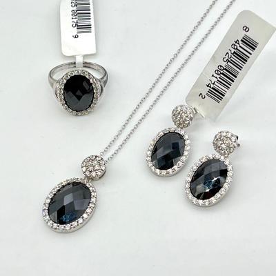 925 ~ CZ Black Faceted Cabochon Stone Pendant, Earring, & Ring Set ~ NWT