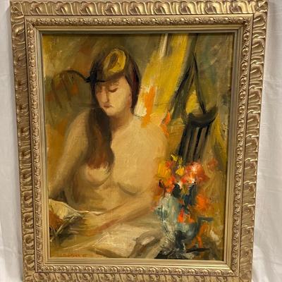 INV #25: Moses Soyer signed painting, topless woman reading, H 30" x W 23.5"