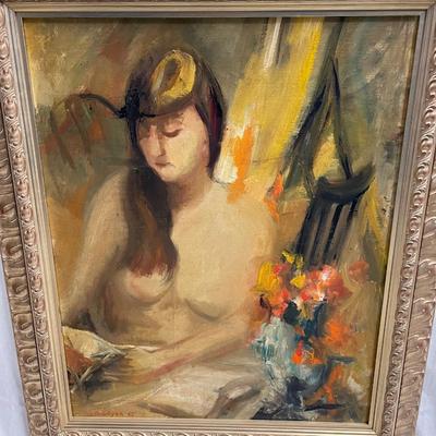 INV #25: Moses Soyer signed painting, topless woman reading, H 30" x W 23.5"