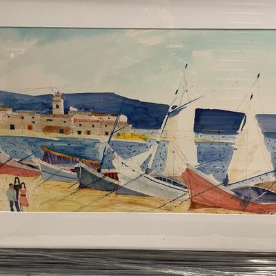 INV #36: Charles Levier "French Boat Scene" C. 1970s, H 14" x W23", with certificate