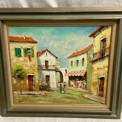 INV #43: Spanish street scene painting signed Voilia, H 19.5" x W 23.5"
