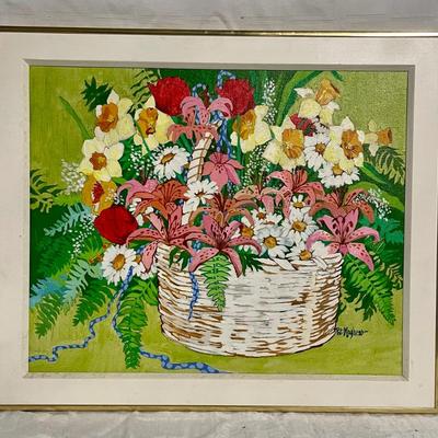 INV #52: Pat Mayhew signed flower basket painting, H 17.5" x W 21.5"