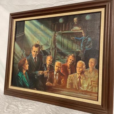INV #57: J. Richter 1982 court scene oil on canvas painting titled "The Effect of Counsel in the Drama of Justice", H 23"...