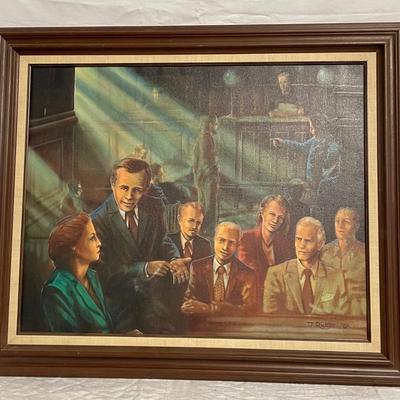 INV #57: J. Richter 1982 court scene oil on canvas painting titled "The Effect of Counsel in the Drama of Justice", H 23"...