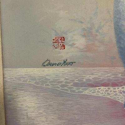 INV #70: Still life oil painting of oriental fans and vase signed David Hart, H 23" x W 35"