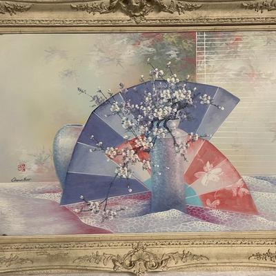 INV #70: Still life oil painting of oriental fans and vase signed David Hart, H 23" x W 35"