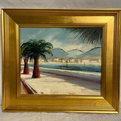 INV #71: Beach scene painting initialed RD, Raoul Difu oil on canvas, C. 1940s, H 14" x W 18"